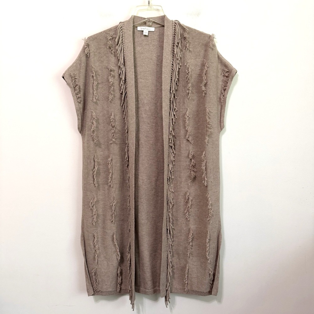 J Jill Pure Jill Jacquard Fringe Gilet Duster XS‎ Taupe Open Front Long Cardigan